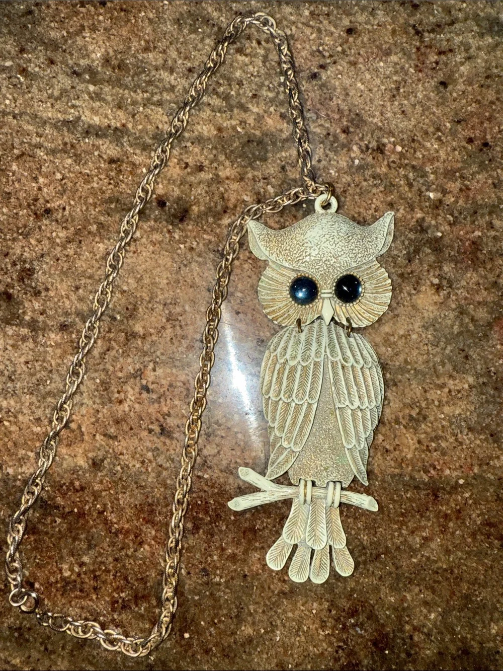 Articulated~60’s-70’s enamel Gold-Tone Owl Pendant Necklace with Blue glass Eyes